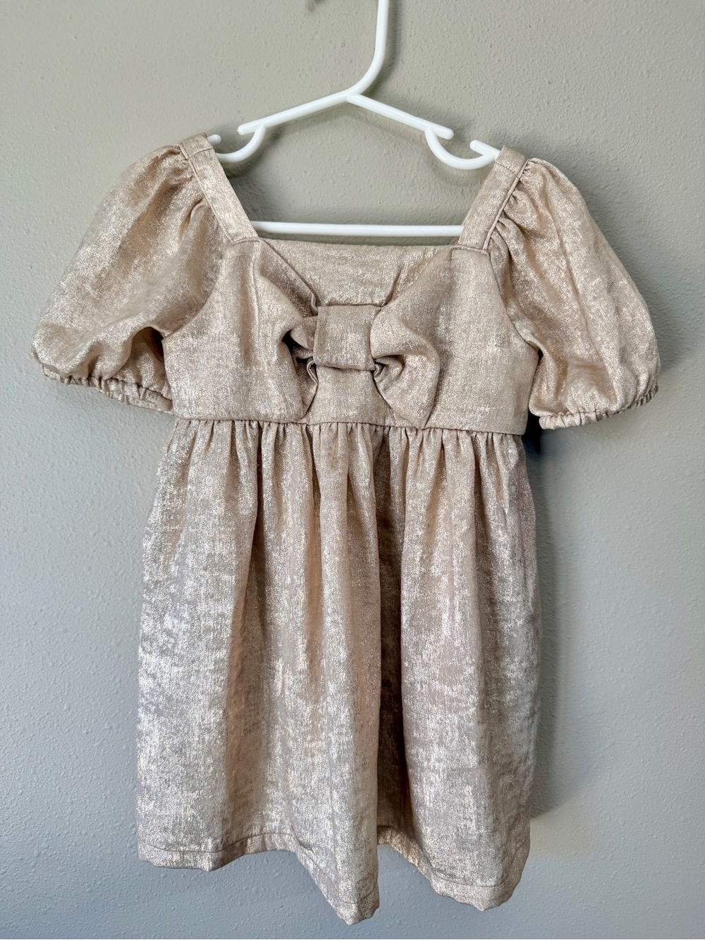 Metallic Champagne Puff-Sleeve Dress with Bow